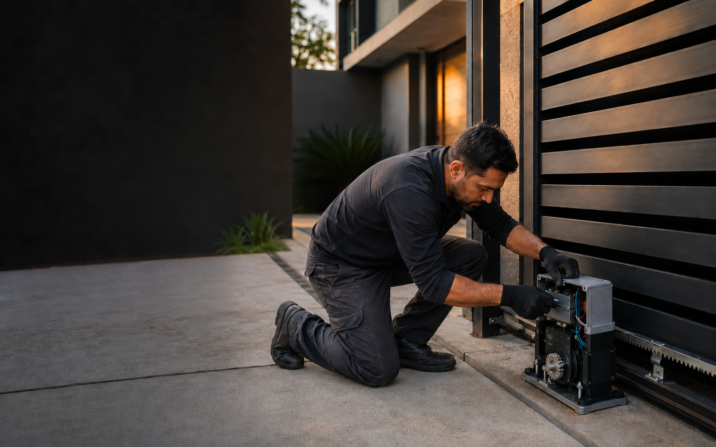 Técnico instalando motor em portão automático